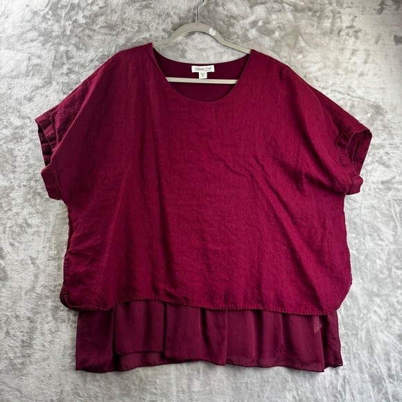 Coldwater Creek Tops - Coldwater Creek Blouse Women XL Burgundy Linen Layered Short Sleeve (1809)